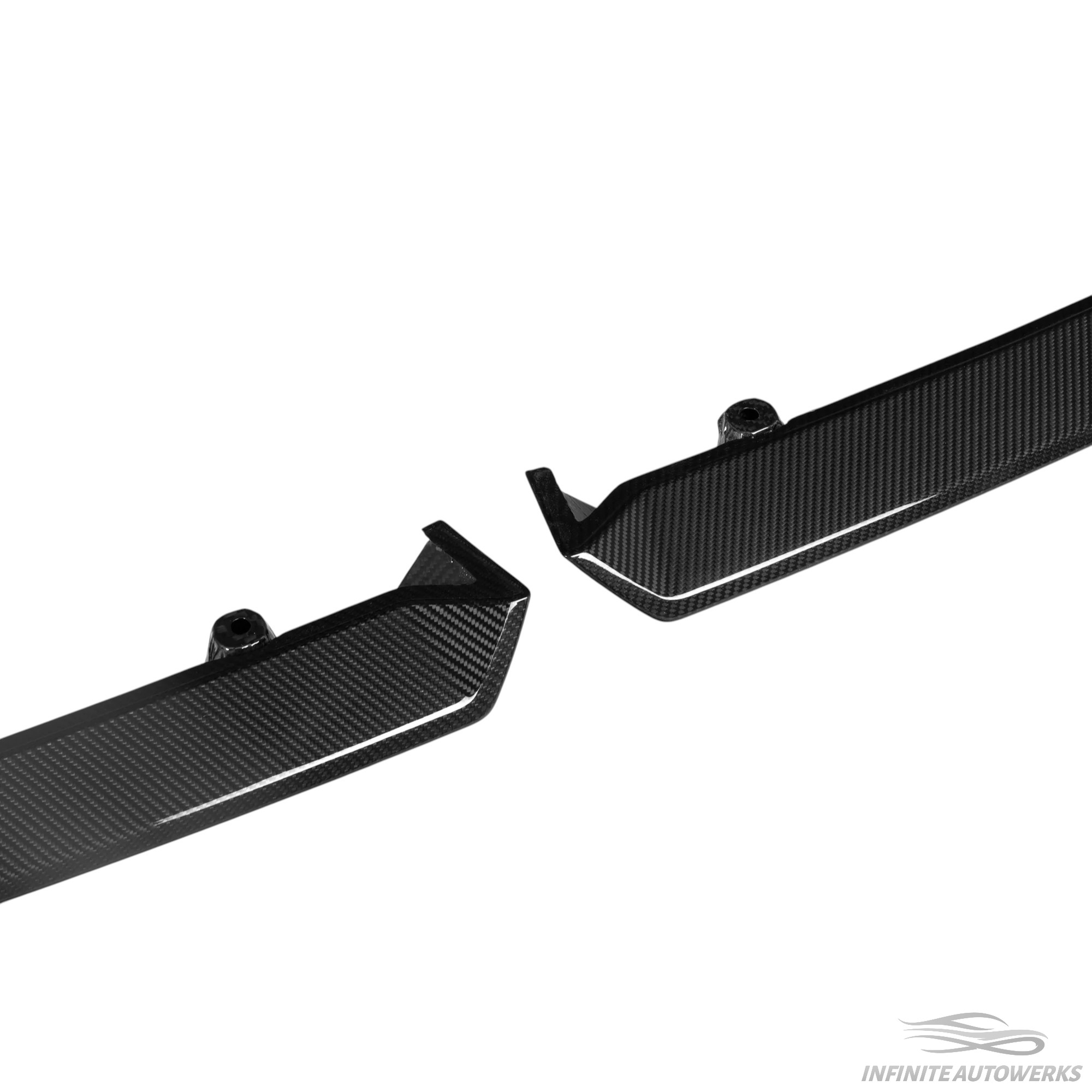 IAW Carbon MP Style dry carbon fiber front lip for BMW G90 M5 and G99 M5 Touring, underside showing factory mounting points